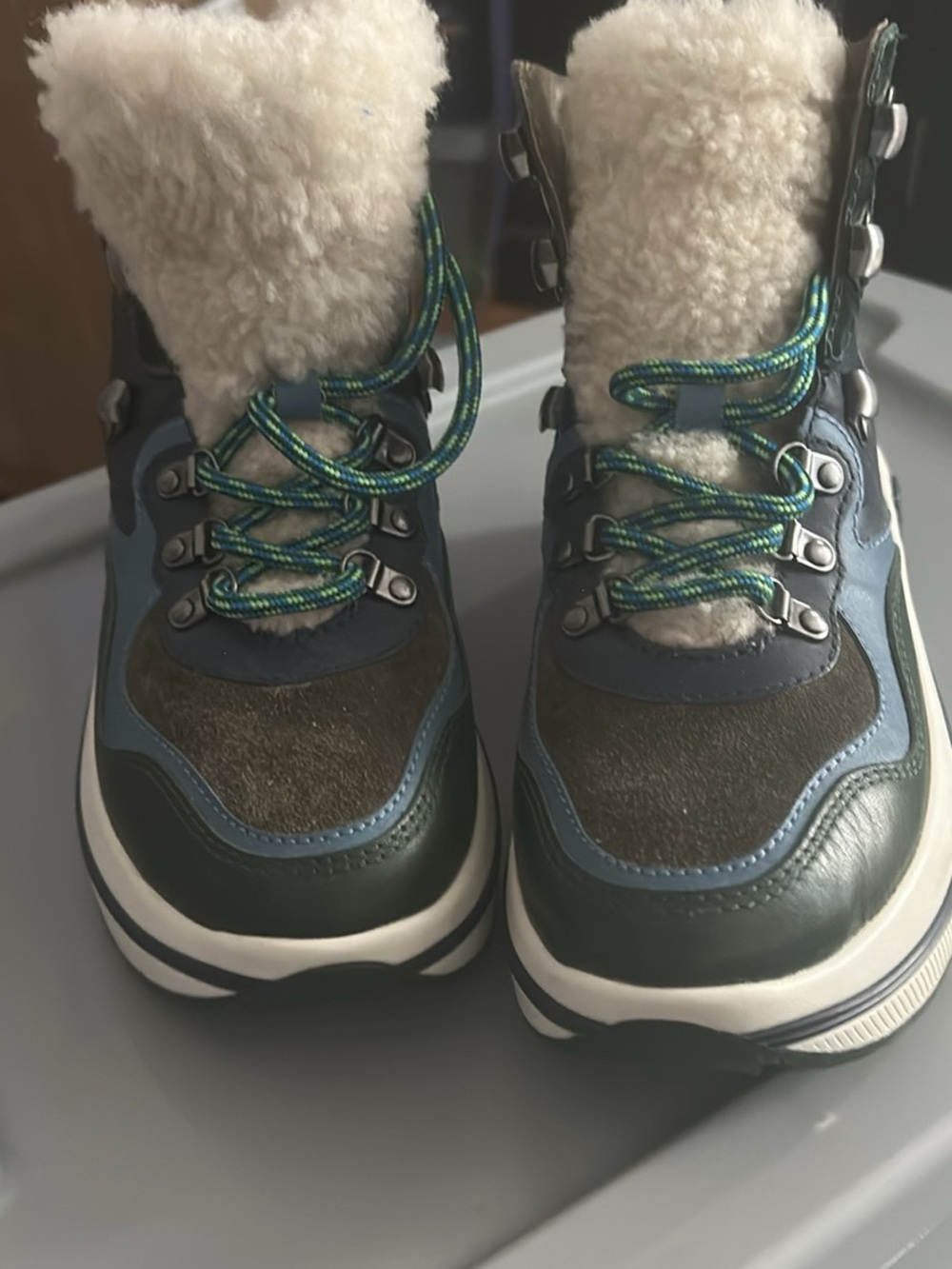 Tory Burch Green, Blue & Cream Faux-Shearling Lace-Up Booties